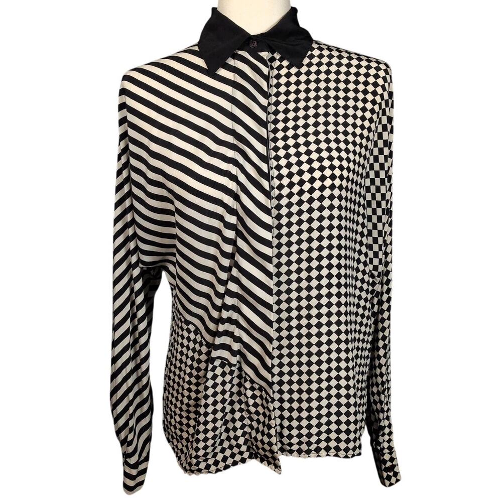 Vtg 80s/90s Regina Porter Silk Shirt Black White Check Striped Button Down 6